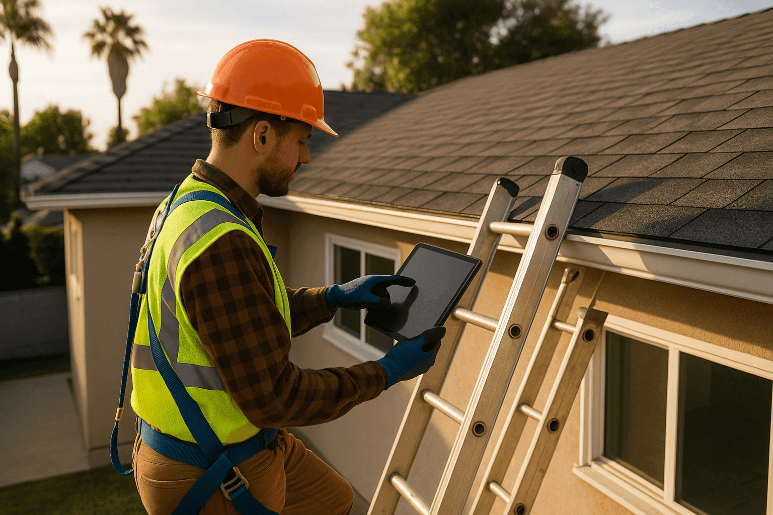 Contractor pointing at a roof repair estimate while standing on a ladder