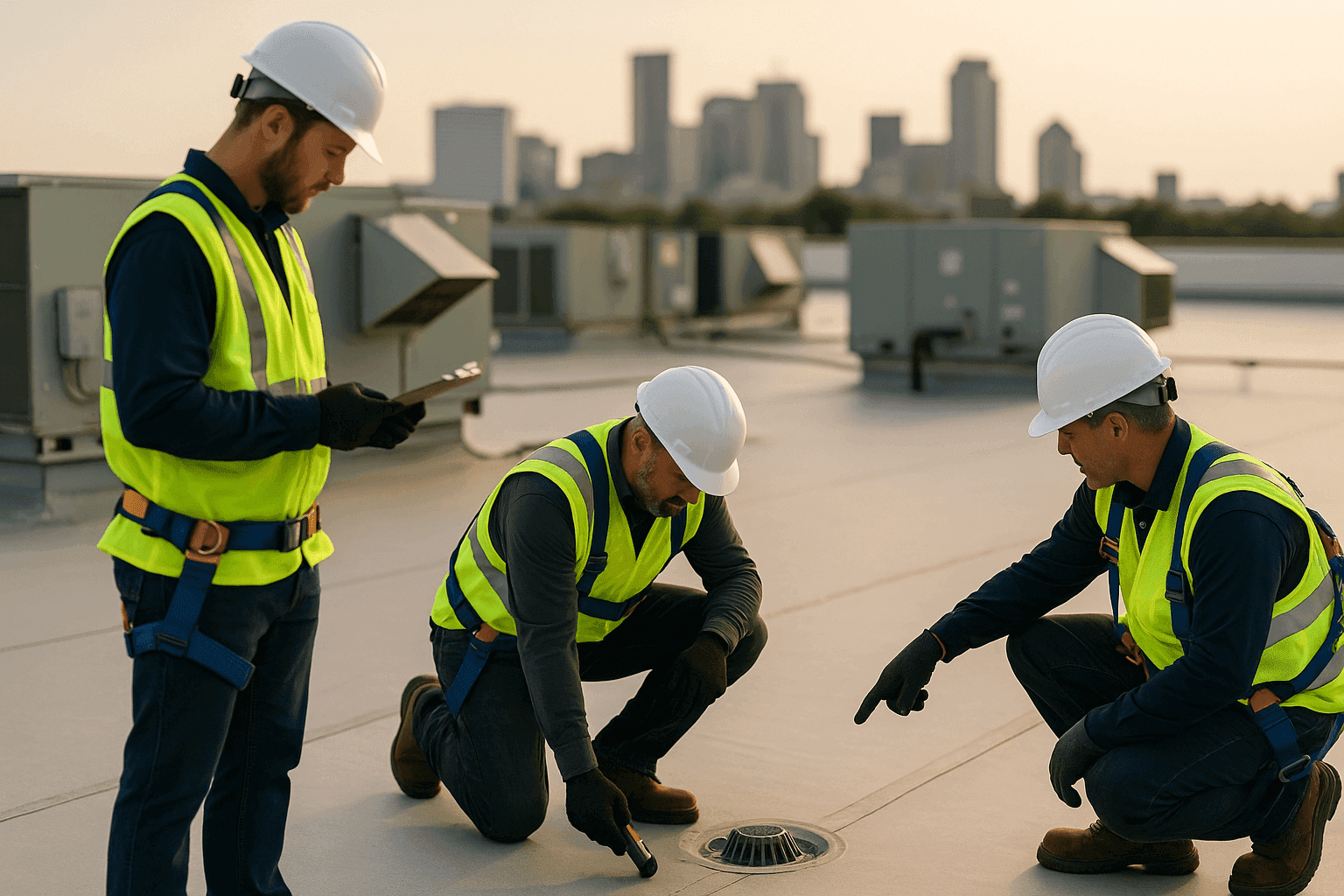 Roofer team inspecting a large commercial flat roof around rooftop units