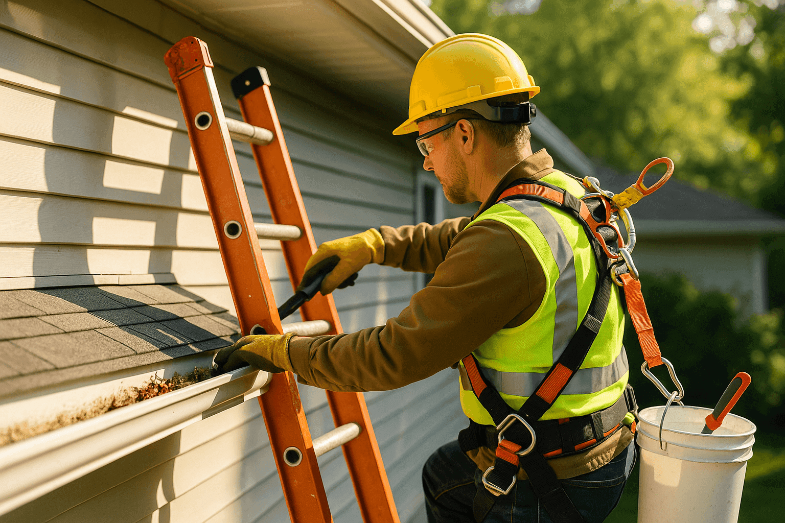 Technician cleaning residential gutters wearing safety harness and gloves