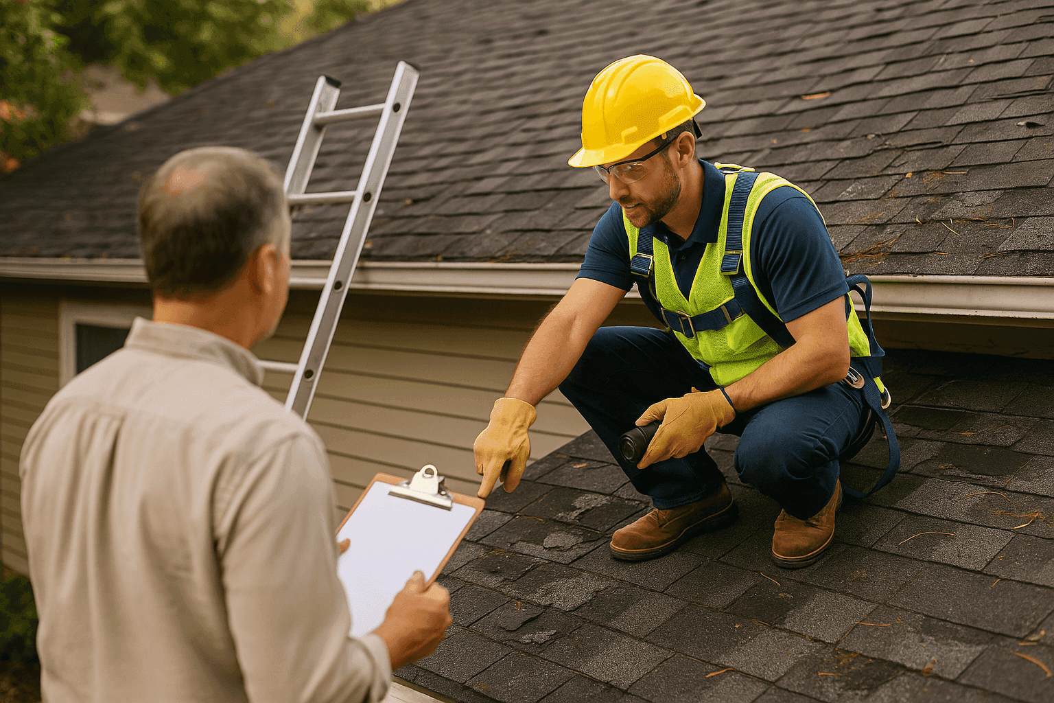 Homeowner inspecting roof shingles with visible storm damage and debris