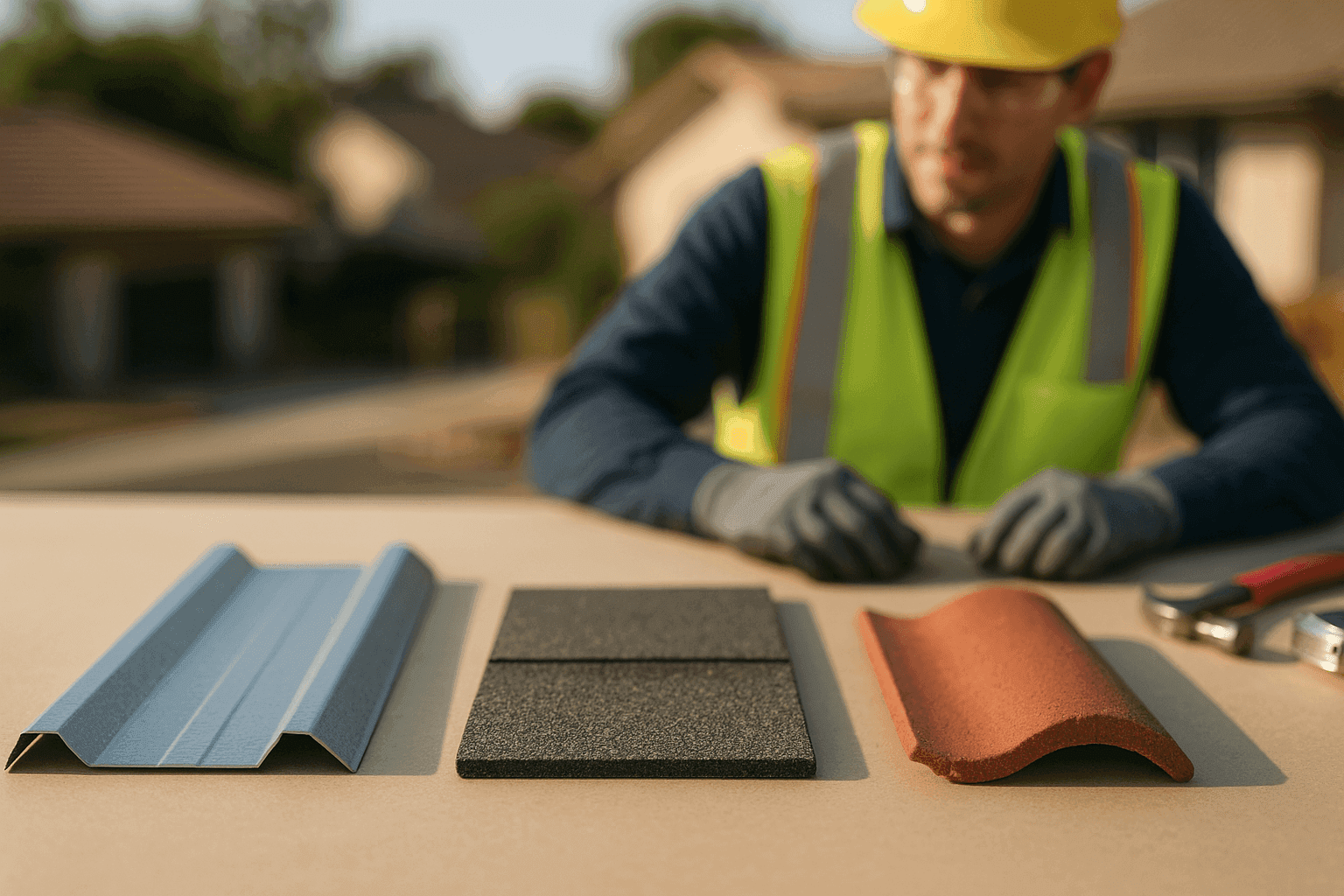 Close-up comparison of metal, asphalt shingle, and clay tile roofing samples on a table