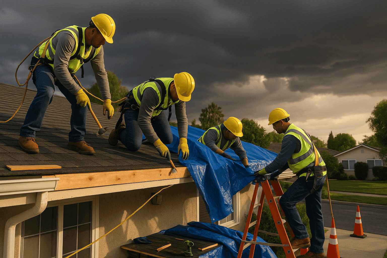 Crew reinforcing roof edge and securing tarps ahead of a severe storm