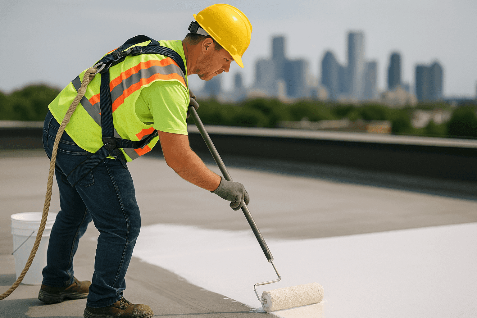 Roofer applying white reflective roof coating with roller on commercial flat roof