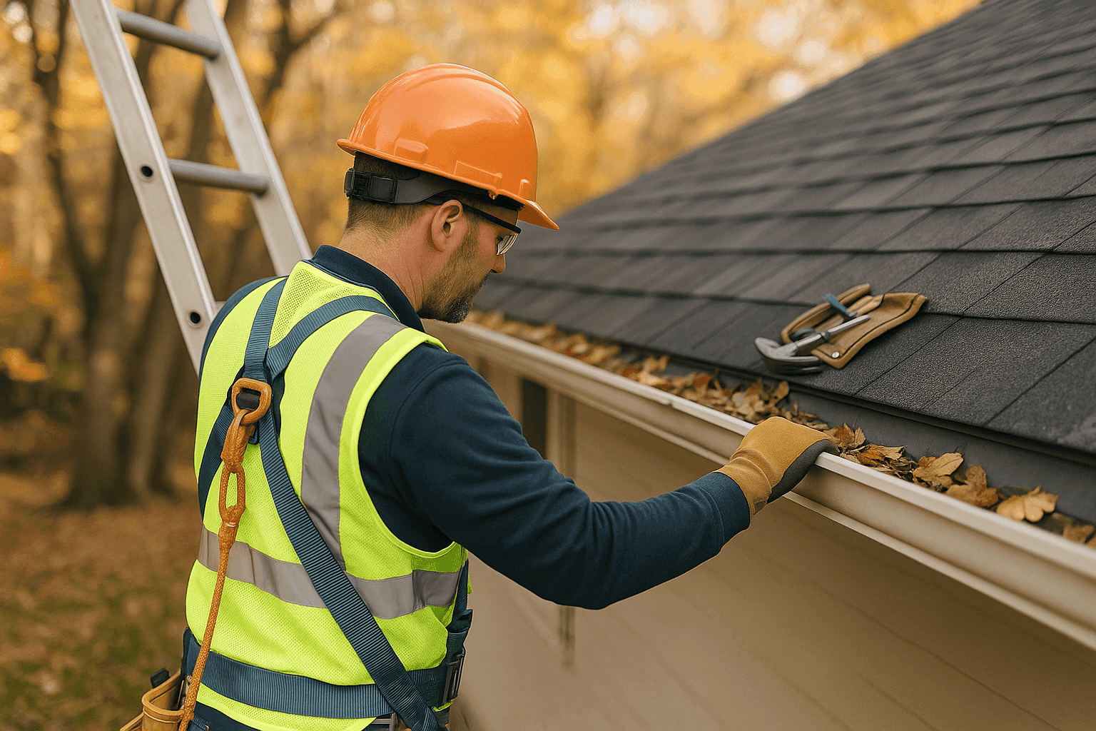 Roofer clearing gutters and inspecting roof edge in late autumn for winter prep