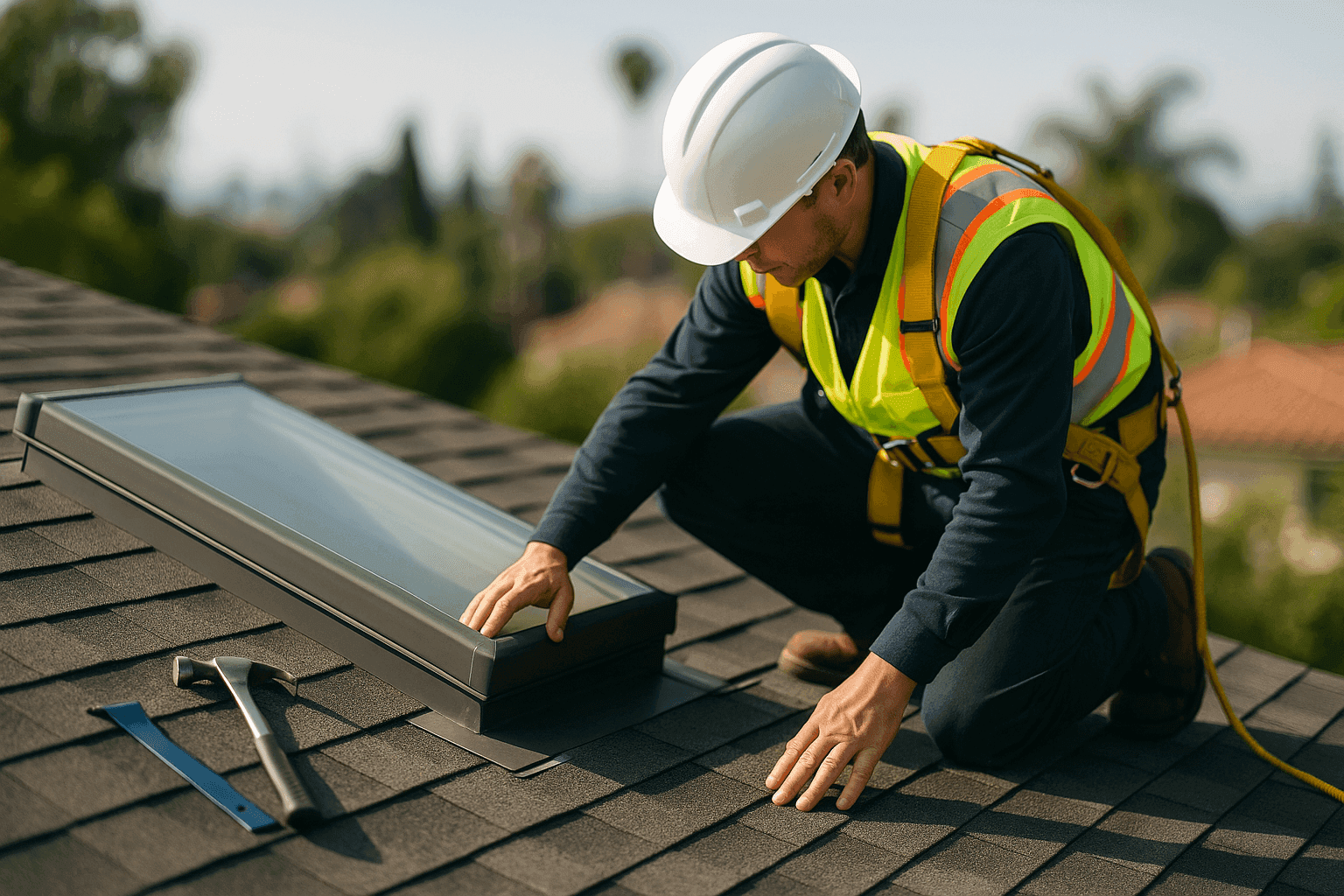 Roofer inspecting the flashing around a residential skylight from the roof