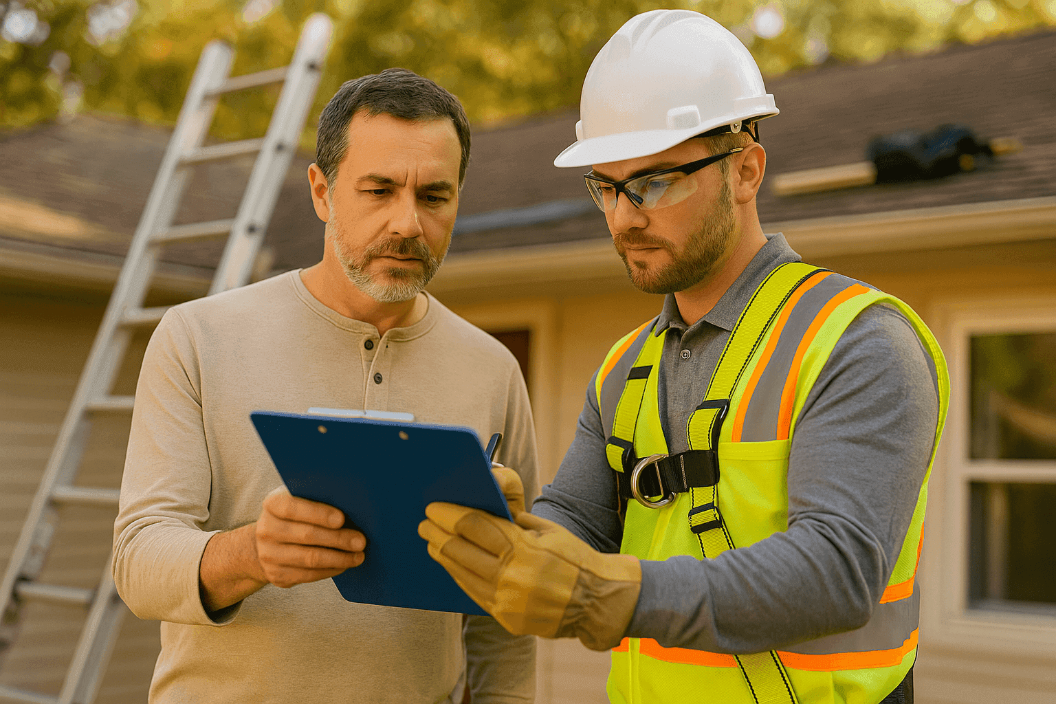 Homeowner reviewing a roofing contract with a professional on a clipboard